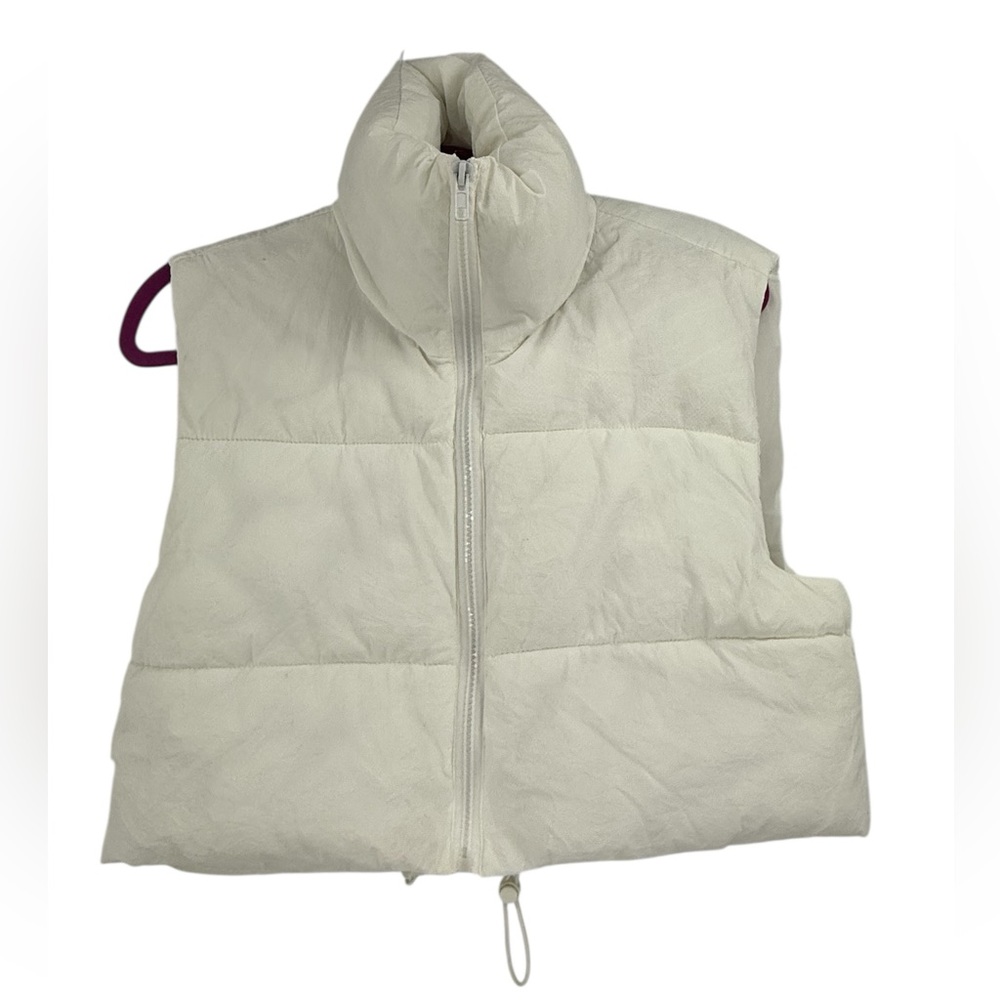 Minimalist White Puffer Vest High Collar Quilted Zip Front Oversized M